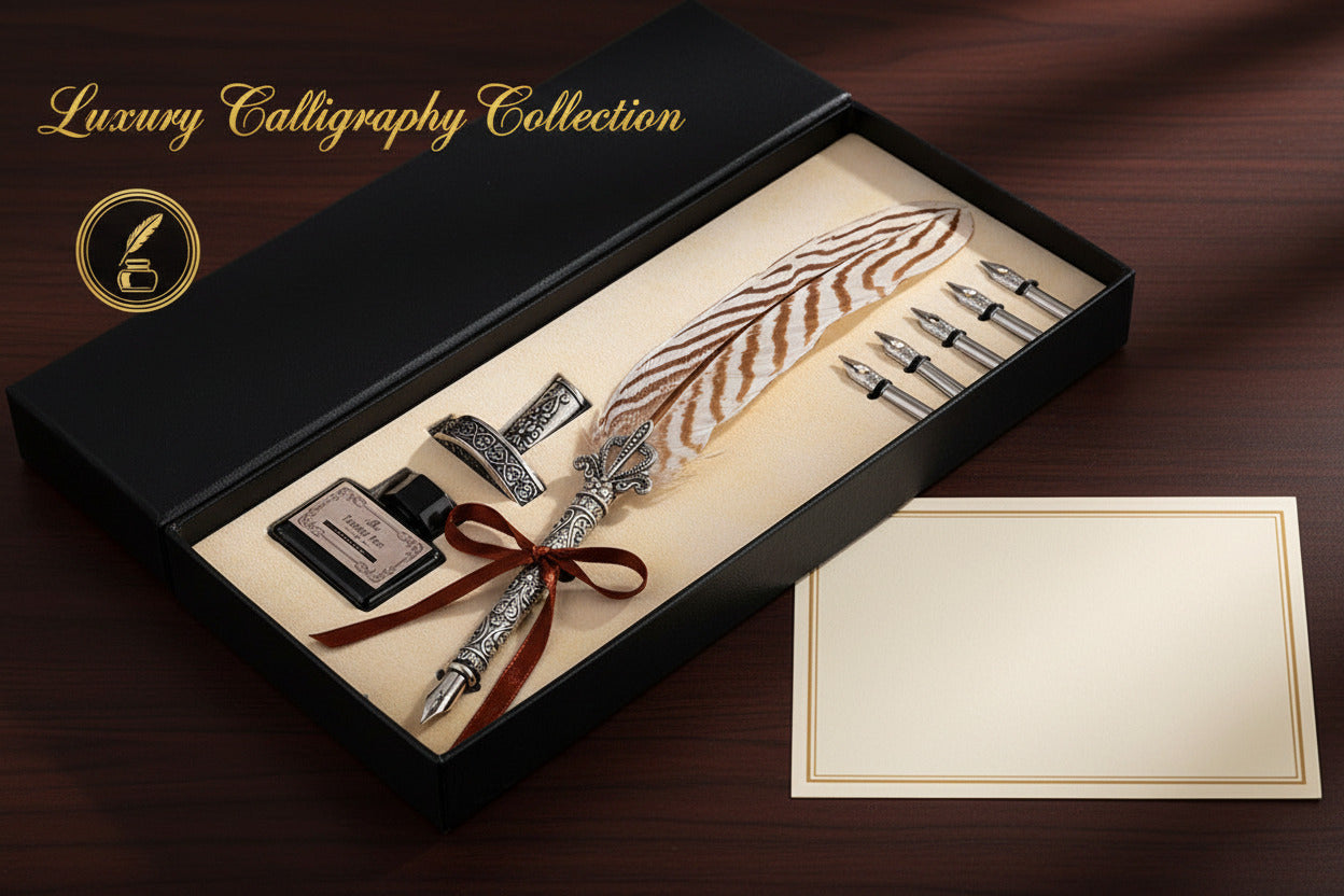 Feather pen set with ink bottle and nibs in a decorative box on a wooden surface.