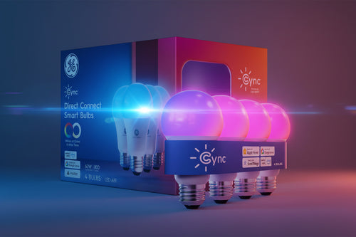 GE Cync Direct Connect Smart Bulbs packaging with four bulbs displayed in front.