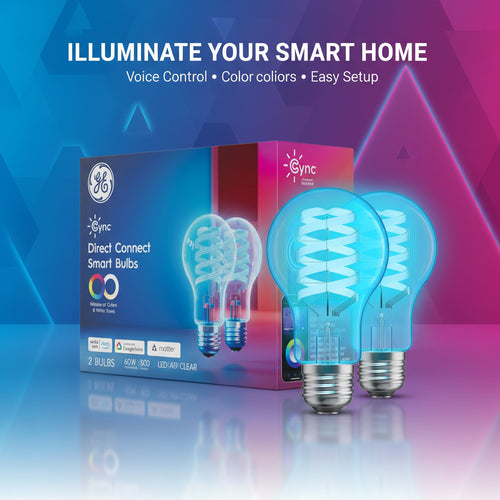 GE Direct Connect Smart Bulbs packaging with two blue spiral light bulbs on a white background